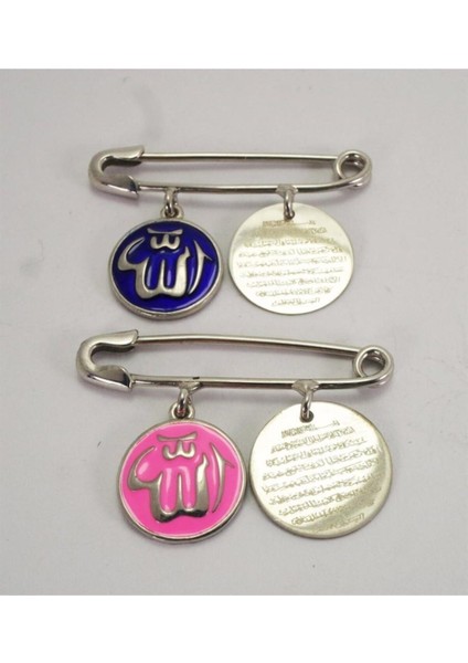 Vog 925 Ayar Gümüş Bebek Nazarlık Iğne Allah ve Ayetel Kürsi Yazılı Beyaz Model Mavi