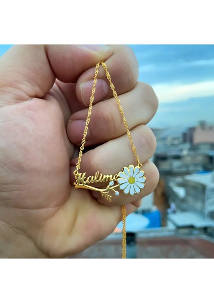 Vog Kişiye Özel Halime Yazılı Papatya Isim Kolye 925 Ayar Gümüş Sarı Renk Roze,beyaz Renk Seçeneği