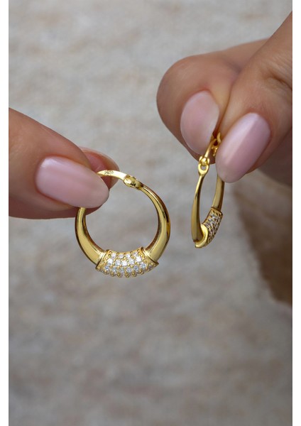 Kadın 925 Ayar Gümüş Gold 15 mm Zirkon Taşlı Halka Yeşil Renk Küpe fiyatları