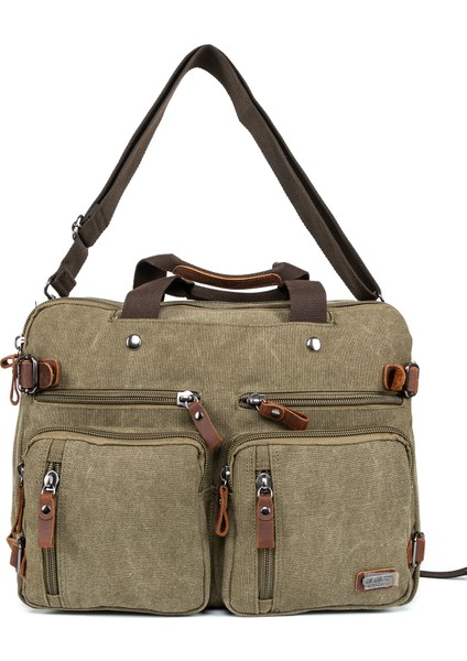 Sırt, El ve Omuz: 17 Inç Laptop Için Üç In Bir Arada Kanvas Çanta Haki