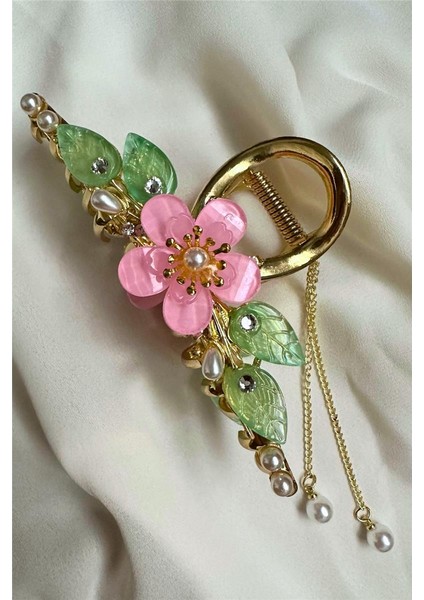 Tasarım Akrilik Çiçek Inci Sallantılı Metal Mandal Toka