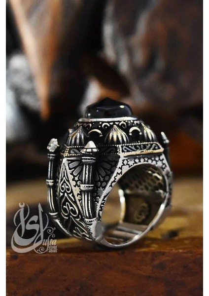 Vog Islam Usta Tasarımı Siyah Kubbe Model 925 Ayar Gümüş Yüzük Sarı,roze Renk Seçeneği