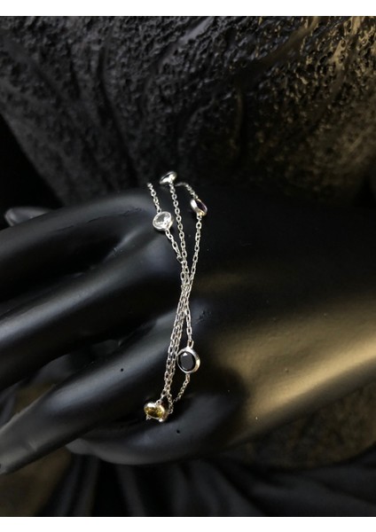 Üç Sıralı Zirconia Renkli Mix Taşlı Beyaz Renk Gümüş Bileklik