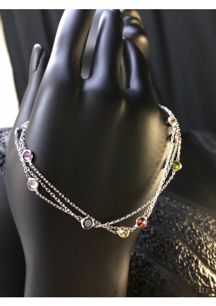 Üç Sıralı Zirconia Renkli Mix Taşlı Beyaz Renk Gümüş Bileklik
