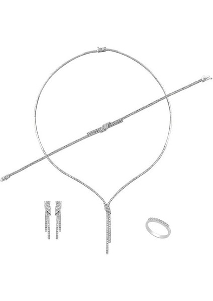 Nida Bayan Zirconia Taşlı Gümüş Su Yolu Set-Kolye,bileklik,küpe,yüzük