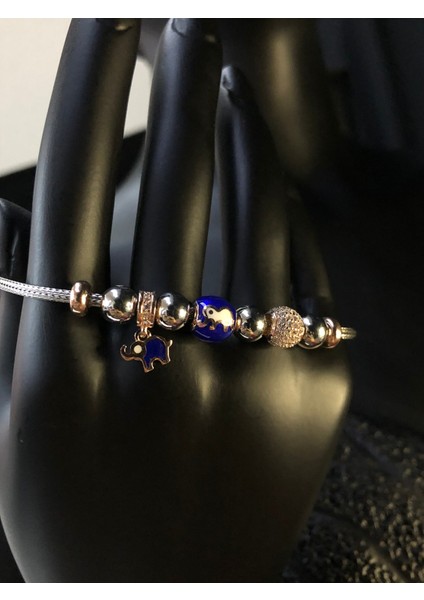 Woguma Serisi Mavi Mineli Beyaz Renk Gümüş Fil Bileklik