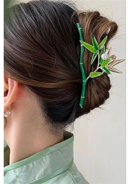 Bambu Yeşil Metal Incili Mandal Toka