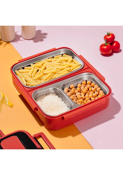 1392-3  Yalıtımlı 3 Bölmeli Çelik Hazneli Yemek Kabı Beslenme Kutusu Lunchbox Sefer Tası Turuncu