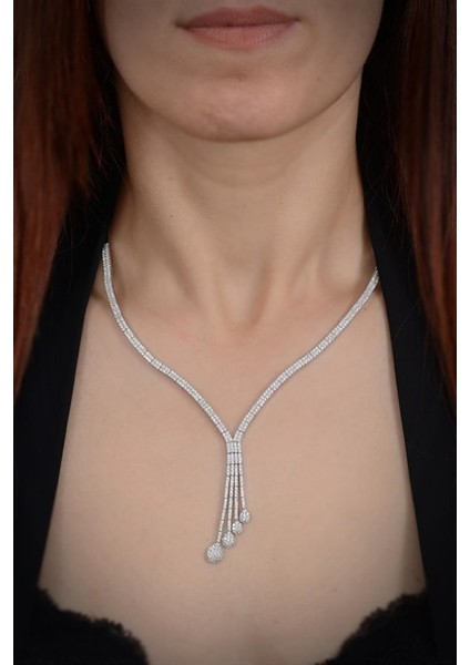 Ilyada Bayan Zirkon Taşlı Gümüş Su Yolu Set-Kolye,bileklik,küpe,yüzük