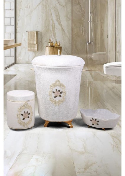 Shems Krem 3'lü Kadife Çeyizlik Dantelli Banyo Kirli Çamaşır Sepeti Seti | Banyo Seti