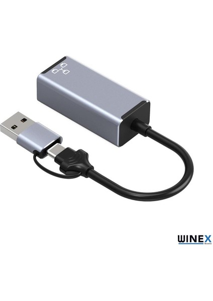 2in1 USB ve Type-C To RJ45 Ethernet Adaptörü WNE0164