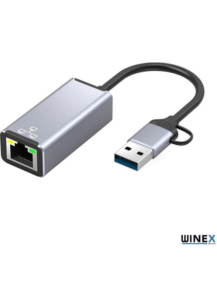 2in1 USB ve Type-C To RJ45 Ethernet Adaptörü WNE0164