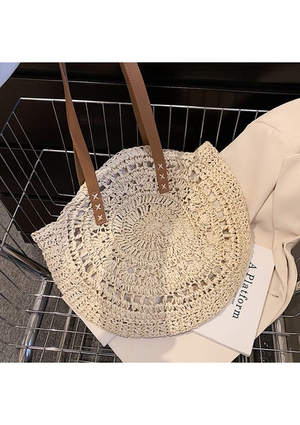 Bej Askılı Yuvarlak Hasır Plaj Eski El Yapımı Dokuma Omuz Rafya Daire Rattan Bohem Yaz Tatili Çantası (Yurt Dışından)