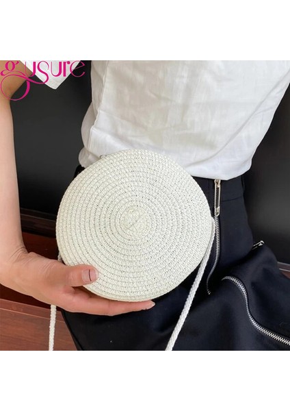 Bej Gusure Yaz Dokuma Hasır Kadın Için Crossbody Yuvarlak El Yapımı Rattan Plaj Küçük Seyahat Kadın Omuz Çantası (Yurt Dışından) modelleri