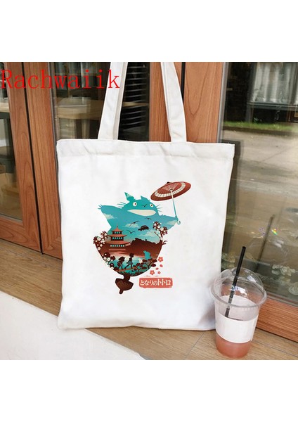 WHITE22 Anime Ruhların Kaçışı Totoro Alışveriş Grafik Tote Harajuku Alışveriş Kadın Kanvas Omuz Kadın Ulzzang Komik Eko 90S Çantası (Yurt Dışından)