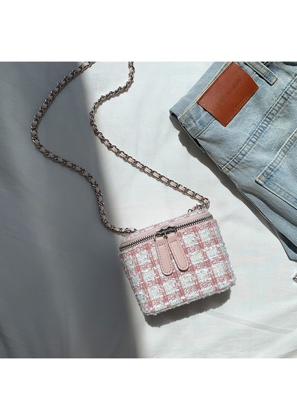 Style2- Pembe Zincir Kadın Kumaş Crossbody Pembe Renk Tek Omuz Ekose Izgara Damalı Kova Mini Çantası (Yurt Dışından)