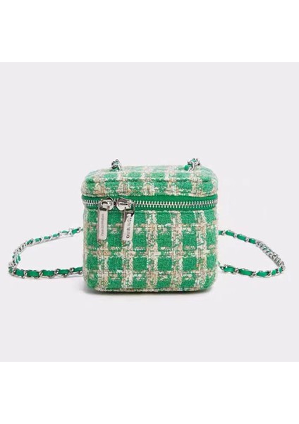 Style2- Pembe Zincir Kadın Kumaş Crossbody Pembe Renk Tek Omuz Ekose Izgara Damalı Kova Mini Çantası (Yurt Dışından)