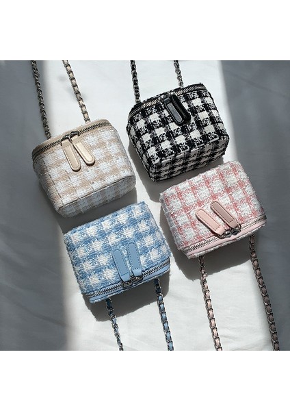 Style2- Pembe Zincir Kadın Kumaş Crossbody Pembe Renk Tek Omuz Ekose Izgara Damalı Kova Mini Çantası (Yurt Dışından)