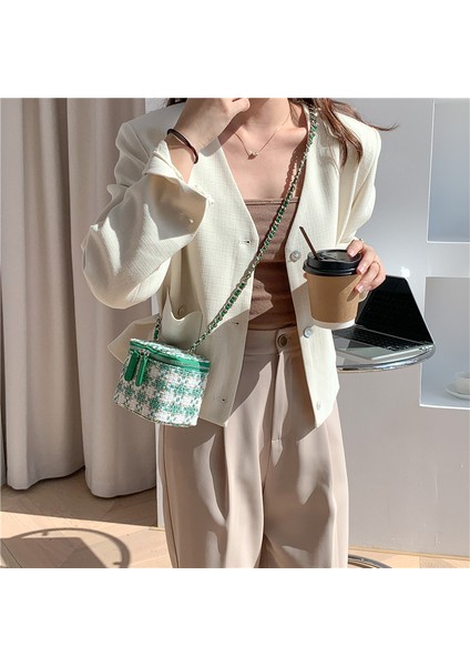 Style2- Pembe Zincir Kadın Kumaş Crossbody Pembe Renk Tek Omuz Ekose Izgara Damalı Kova Mini Çantası (Yurt Dışından)