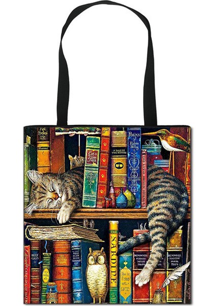 Cat-13 Komik Kedi Cosplay Mona Lisa Baskı Kadın Yağlıboya Kedi Tote Yüksek Kapasiteli Tuval Kadın Alışveriş Çantası (Yurt Dışından)