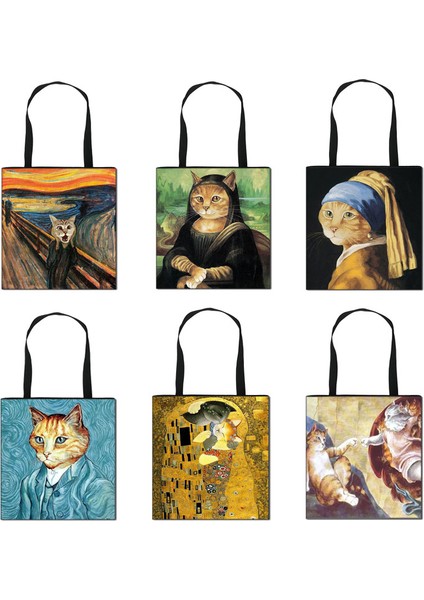Cat-13 Komik Kedi Cosplay Mona Lisa Baskı Kadın Yağlıboya Kedi Tote Yüksek Kapasiteli Tuval Kadın Alışveriş Çantası (Yurt Dışından)