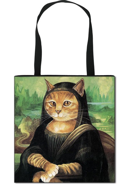 Cat-13 Komik Kedi Cosplay Mona Lisa Baskı Kadın Yağlıboya Kedi Tote Yüksek Kapasiteli Tuval Kadın Alışveriş Çantası (Yurt Dışından)