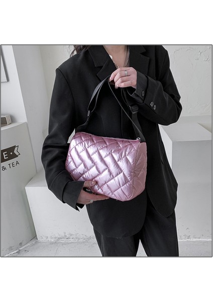 Uzay Ped Pamuk Omuz Kadın Için Kış Naylon Crossbody Kadın Kapitone Yastıklı Kadın Kabarık Shopper Tote Çantası (Yurt Dışından)