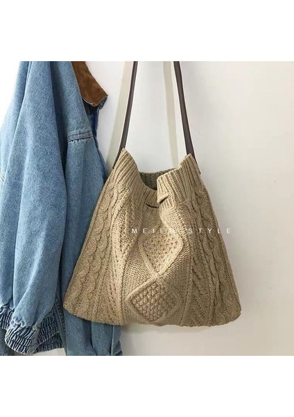 Kadın Yün Örme Örgü Criss Çapraz Genç Tığ Kış Kore Retro Chic Büyük Kapasiteli Omuz Çantası (Yurt Dışından)