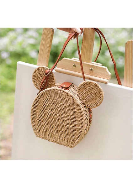 Disney Kadın Tasarımcısı Saman Süslü Sevimli Rattan Seyahat Eğlence Tatil Küçük Yuvarlak Plaj Mickeying Fare Çantası (Yurt Dışından)