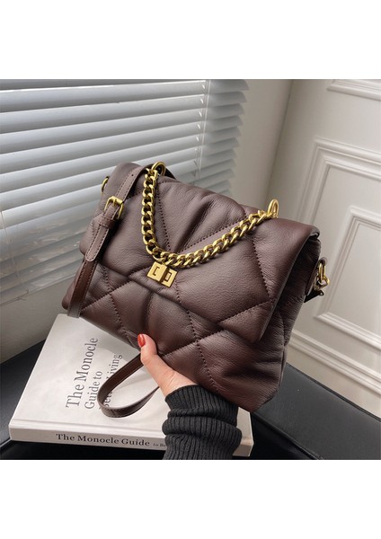 Kahve L Popüler Doku Kadın Sonbahar ve Kış Elmas Crossbody Yumuşak Deri Sonbahar ve Kış Zincir Büyük Çantası (Yurt Dışından)