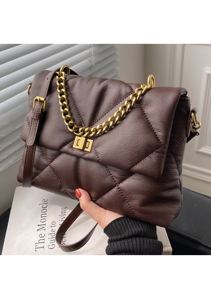 Kahve L Popüler Doku Kadın Sonbahar ve Kış Elmas Crossbody Yumuşak Deri Sonbahar ve Kış Zincir Büyük Çantası (Yurt Dışından) fiyatları