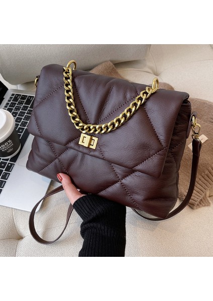 Kahve L Popüler Doku Kadın Sonbahar ve Kış Elmas Crossbody Yumuşak Deri Sonbahar ve Kış Zincir Büyük Çantası (Yurt Dışından) fırsatları