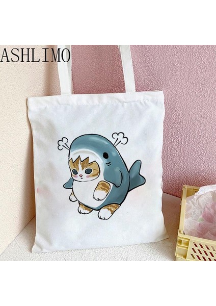 C468 Kawaii Köpekbalığı Kedi Alışveriş Kadın Kanvas Bolsa Shopper Bolso Alışveriş Yüksek Kapasiteli Tote den Kullanılabilir Ecobag Çantası (Yurt Dışından)