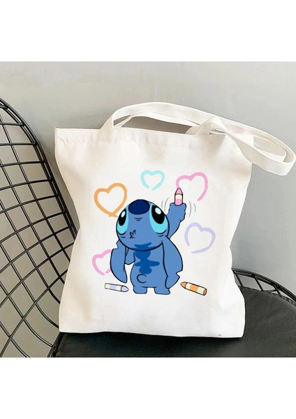 59005 Kawaii Komik Disney Stitch Tote Kanvas Omuz Eko Hip Hop Lilo ve Stitch Alışveriş Kadın Tote Shopper Kadın Çantası (Yurt Dışından)