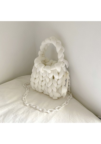 Krem Zincir Halat Tığ El Yapımı Akrilik Zincir Kadın Koltukaltı Tasarımcı Örgü Kadın Için Crossbody Dokuma Tıknaz Örgü Çantası (Yurt Dışından)