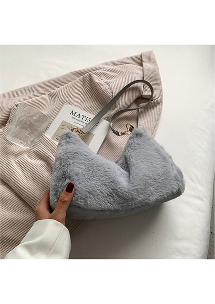 Gri Faux Kürk Mini Tote Kadın Tasarımcısı Kadın Kabarık Yumuşak Peluş Alışveriş Sıcak Kış Kesesi Çantası (Yurt Dışından)