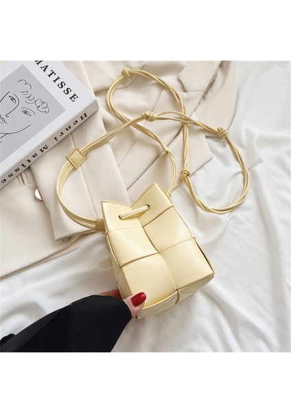Sarı Sonbahar Örgü Kadın Küçük Kova Pu Deri Yan Omuz ve Kadın Crossbody Çantası (Yurt Dışından)