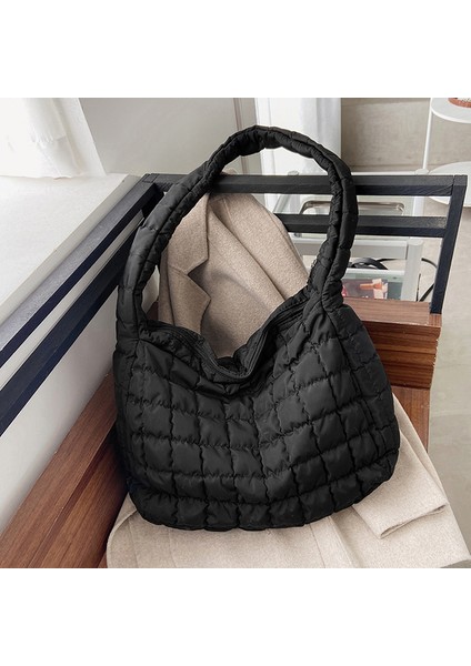 Baklava Kafes Kış Uzay Pedi Pamuk Crossbody Kadın Büyük Kapasiteli Bez Tüy Yastıklı Shopper Kapitone Çantası (Yurt Dışından)