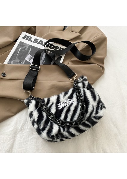 Desen Ins Kadın Zebra Desen Mini Omuz Kadın Kış Peluş Koltukaltı Leopar Zebra Desen Kabarık Bez Çantası (Yurt Dışından)