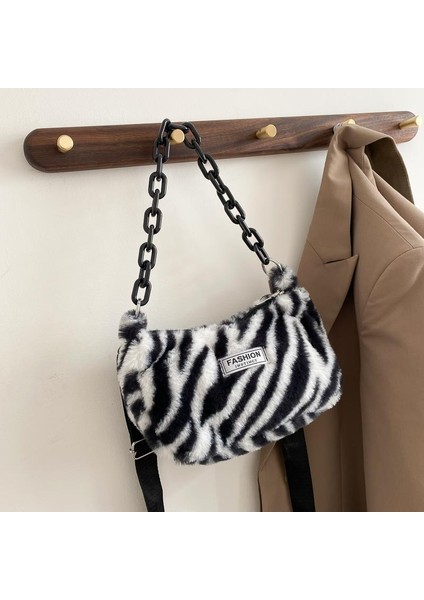 Desen Ins Kadın Zebra Desen Mini Omuz Kadın Kış Peluş Koltukaltı Leopar Zebra Desen Kabarık Bez Çantası (Yurt Dışından)