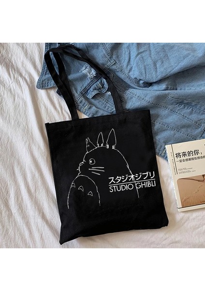 BLACK8002 Anime Ruhların Kaçışı Totoro Alışveriş Grafik Tote Harajuku Alışveriş Kadın Tuval Omuz Kadın Ulzzang Komik Eko 90S Çantası (Yurt Dışından)
