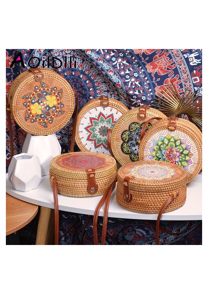 22X10 Ins Popüler Kadın El Yapımı Yuvarlak Plaj Omuz Bali Daire Hasır Yaz Dokuma Rattan Kadın Messenger Çantası (Yurt Dışından)
