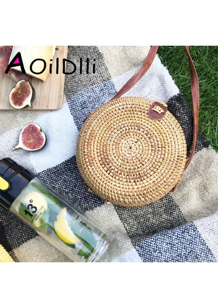 22X10 Ins Popüler Kadın El Yapımı Yuvarlak Plaj Omuz Bali Daire Hasır Yaz Dokuma Rattan Kadın Messenger Çantası (Yurt Dışından)
