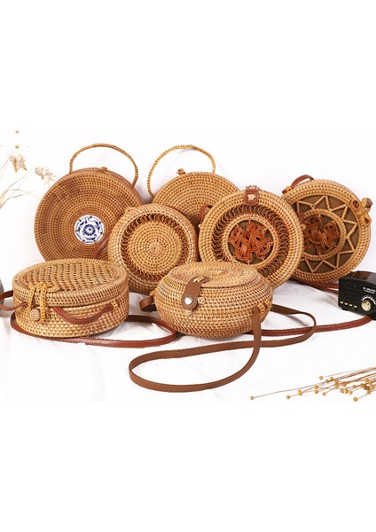 22X10 Ins Popüler Kadın El Yapımı Yuvarlak Plaj Omuz Bali Daire Hasır Yaz Dokuma Rattan Kadın Messenger Çantası (Yurt Dışından)