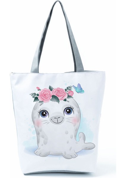 HL5681 Deniz Aslanı Kawaii Hayvan Desen Kadın Tote Sevimli Kaplan Baykuş Domuz Kurbağa Dinozor Baskı Yüksek Kapasiteli Taşınabilir Seyahat Omuz Çantası (Yurt Dışından)