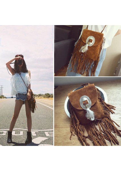 Kafatası Vintage Bohemian Fringe Messenger Crossbody Buzlu Pu Deri Kadın Püskül Boho Hippi Çingene Saçaklı Kadın Çantası (Yurt Dışından)