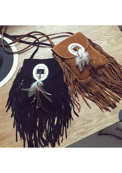 Kafatası Vintage Bohemian Fringe Messenger Crossbody Buzlu Pu Deri Kadın Püskül Boho Hippi Çingene Saçaklı Kadın Çantası (Yurt Dışından)