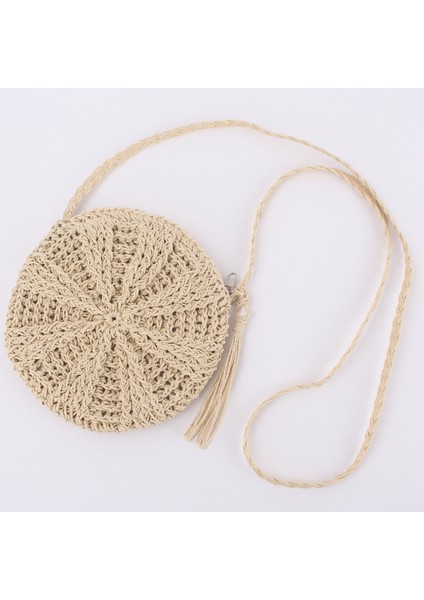Bej Püskül El Yapımı Dokuma Yaz Plaj Yuvarlak Hasır Kadın Için Rattan Omuz Kadın Mesaj Kılıf Çantası (Yurt Dışından)