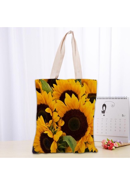 19 Varış Ayçiçeği Katlanabilir Alışveriş den Kullanılabilir Eko Büyük Unisex Kanvas Kumaş Omuz Tote 0918 Çantası (Yurt Dışından)