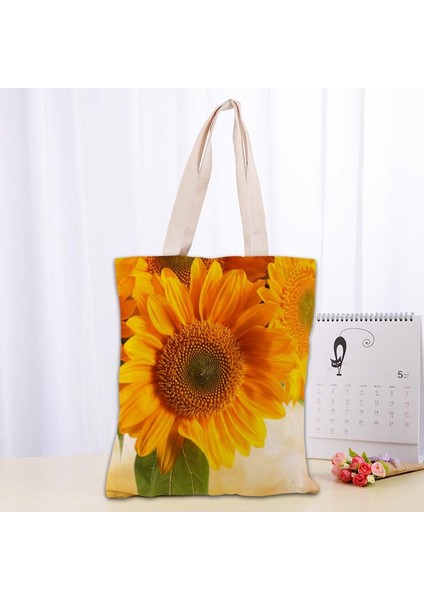 19 Varış Ayçiçeği Katlanabilir Alışveriş den Kullanılabilir Eko Büyük Unisex Kanvas Kumaş Omuz Tote 0918 Çantası (Yurt Dışından)